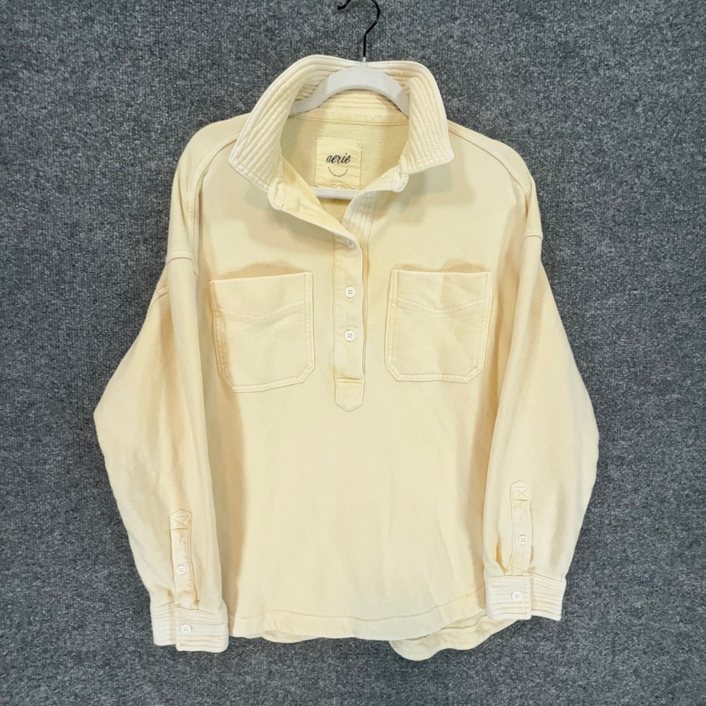Aerie Sweatshirt Womens XS Butter Yellow Henley Button Pocket Pullover Oversized
